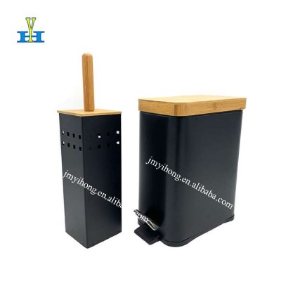 5L Rectangular Design Pedal Bin Hotel Bedroom Foot Waste Bin Bamboo Lid Trash Can & Toilet Brush Sets