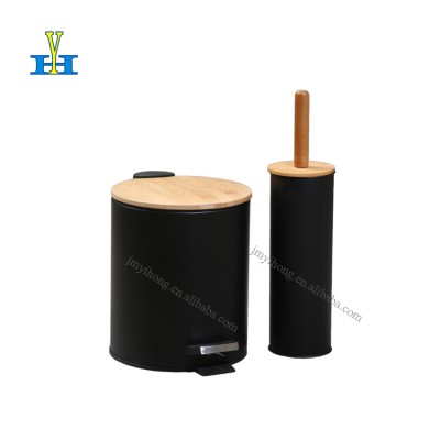 Modern Style 5L Bamboo Lid Round Hotel Bedroom Trash Can Household Garbage Can Toilet Brush Sets