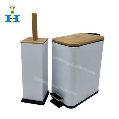 5L Rectangle Bathroom Trash Bin Bamboo Lid Household Garbage Can Toilet Brush Sets